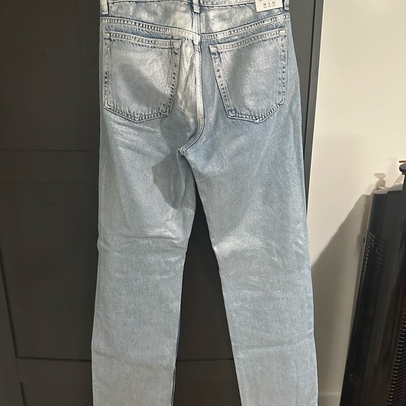 ZARA NWT ZW MID-WAIST METALLIC STRAIGHT TRF JEANS LIGHT BLUE SILVER 6688/005 US2 - Picture 3 of 4